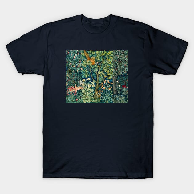 GREENERY,FOREST ANIMALS Pheasant on Tree,Squirrel,Hares,Blue Green Floral Tapestry T-Shirt by BulganLumini